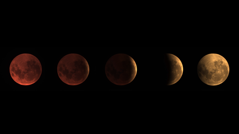 3 shots of a Lunar Eclipse progress arranged in a line.