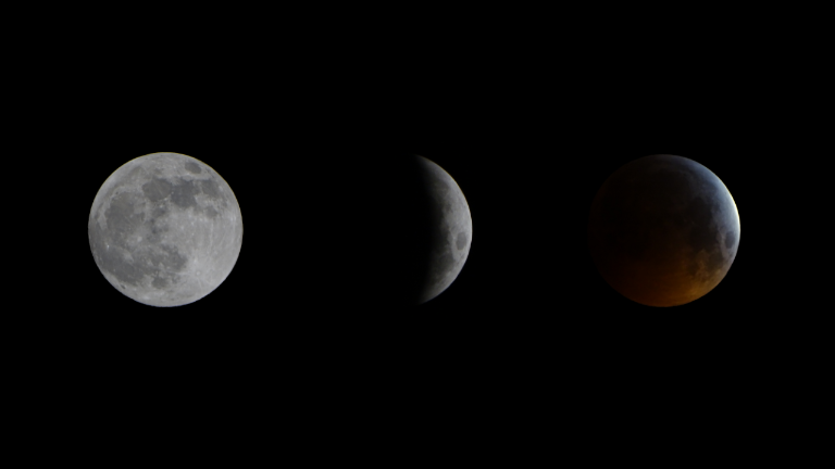 3 shots of a partial lunar eclipse arranged in a line.