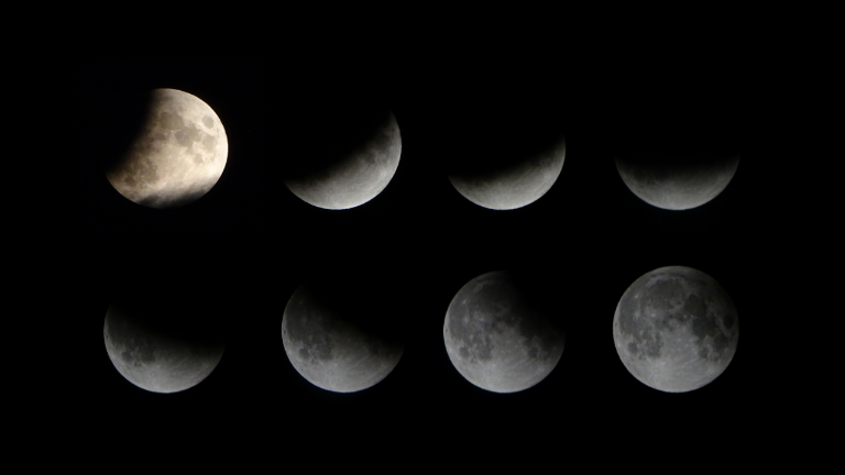8 shots of a partial lunar eclipse arranged in a grid.